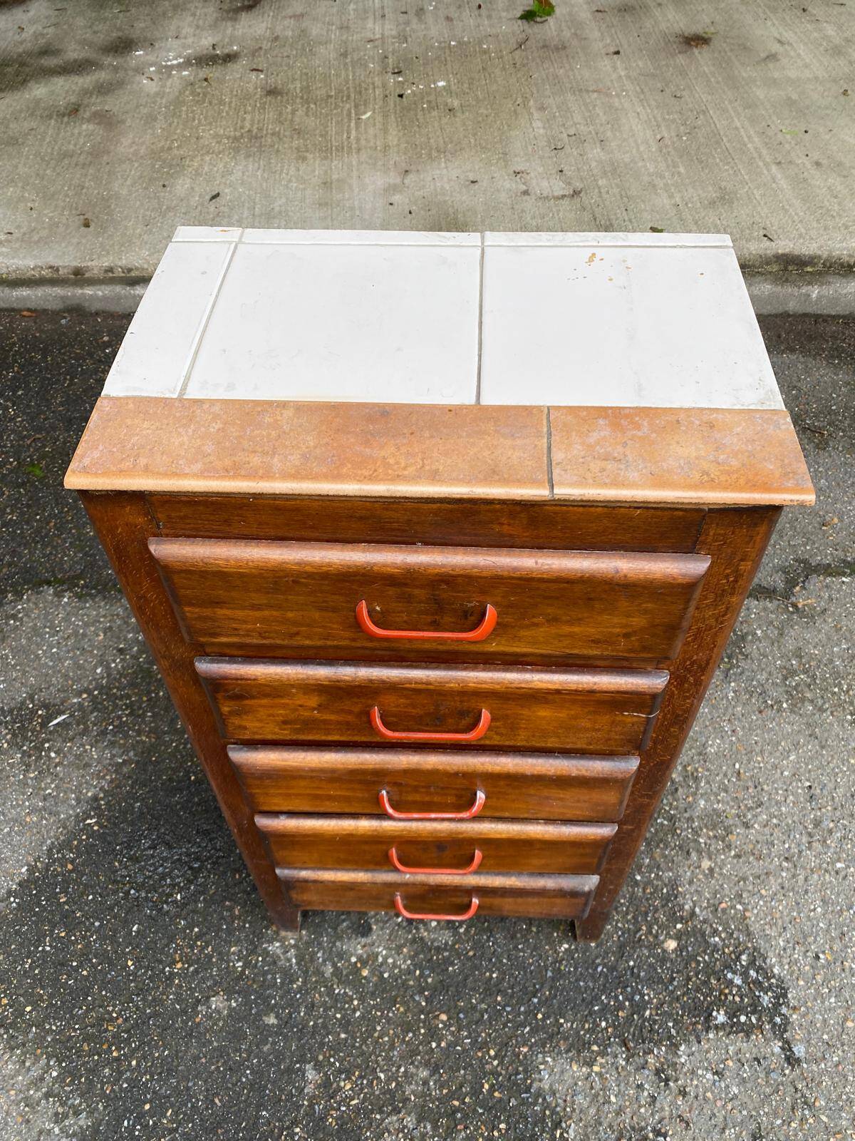 Art Deco chest of drawers in solid wood and tiles with 5 drawers, 1960s