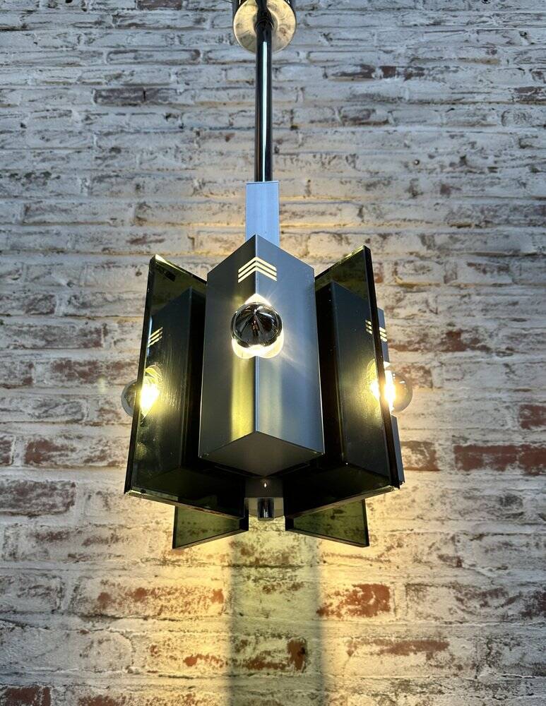 Lampe suspendue vintage en verre fumé et aluminium italien, années 1970