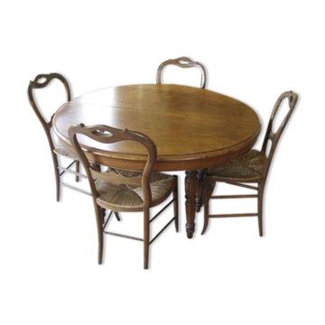 Table Louis Philippe et 4 chaises paillées noyer