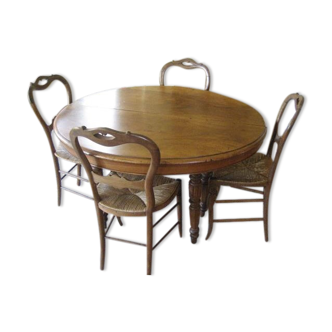 Table Louis Philippe et 4 chaises paillées noyer