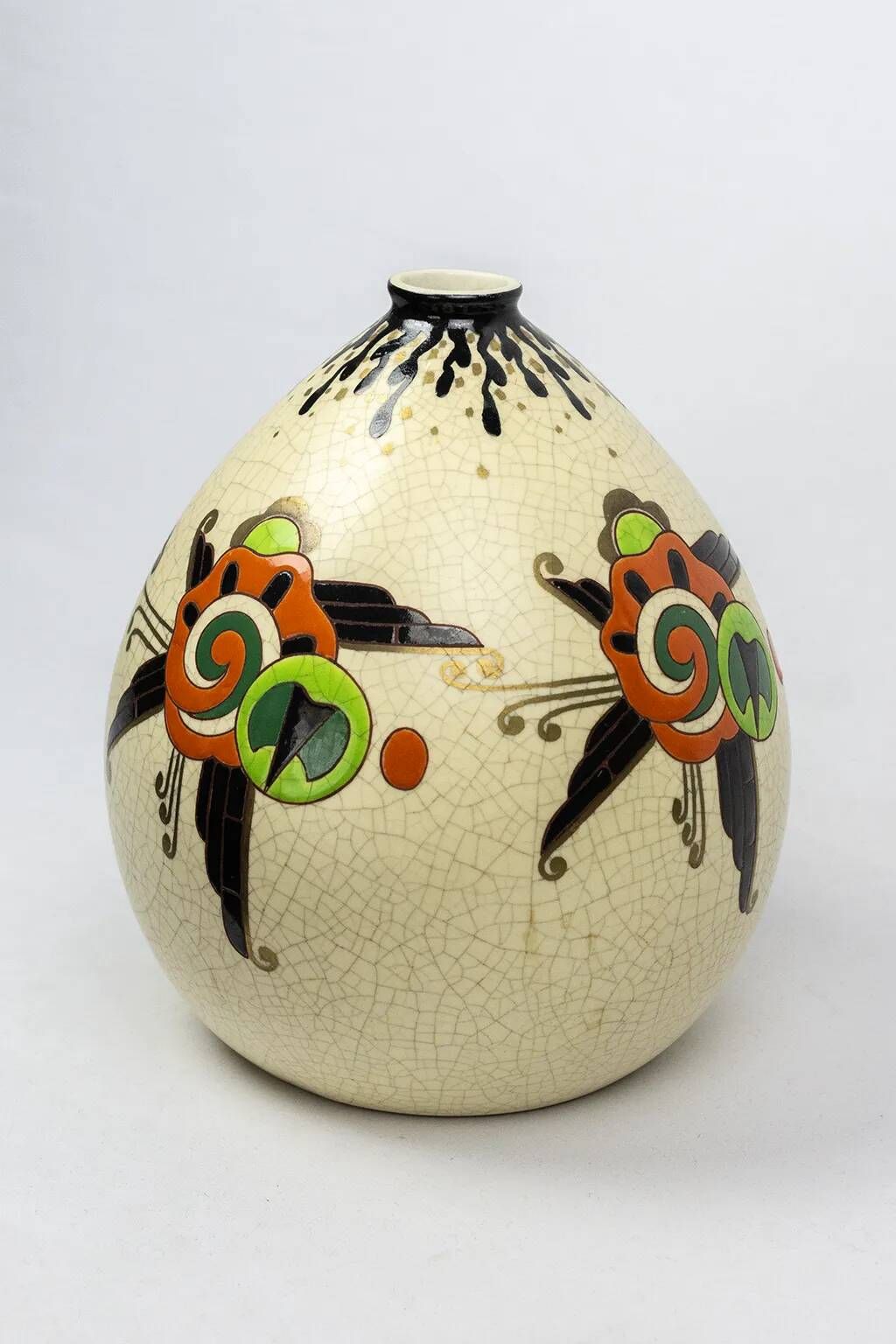 Art Deco vase Orchies, enamels on crackled background, stylised flowers