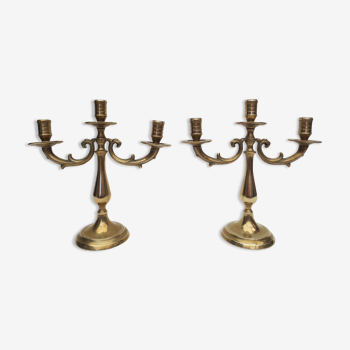 Paire d'anciens chandeliers en laiton 3 branches