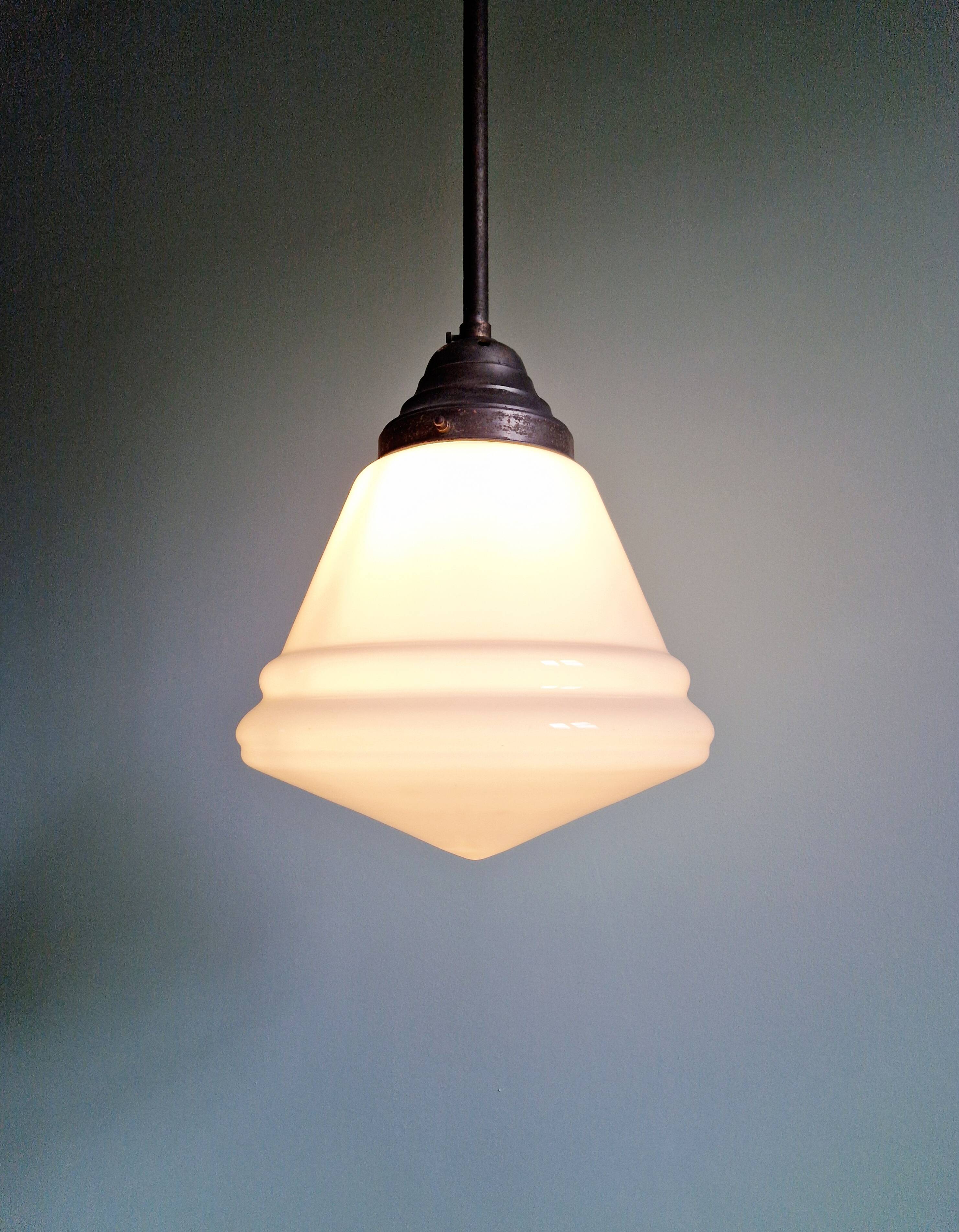 Large Art Deco pendant light in white opaline glass, conical, 1920s-30s