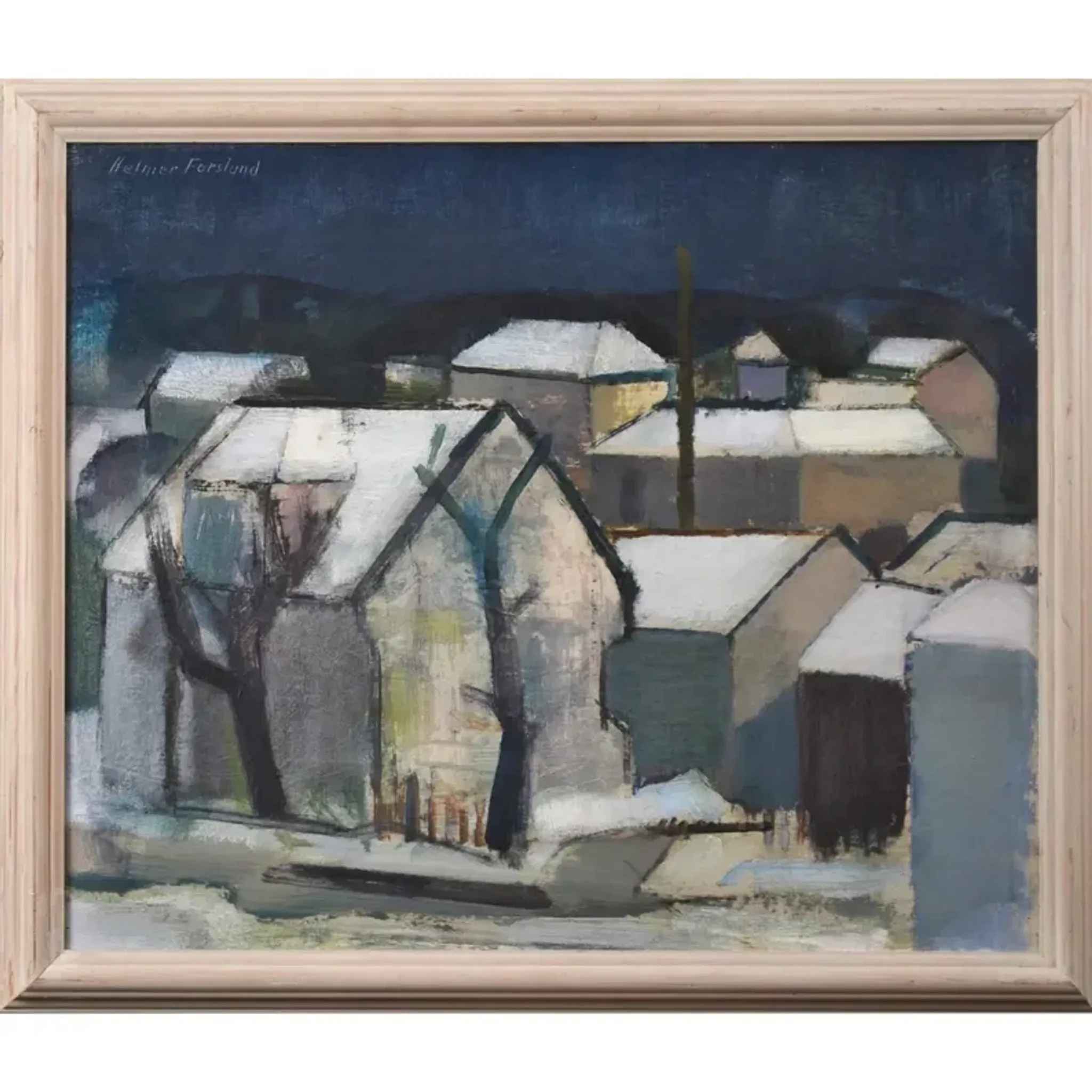 Original Swedish Oil on Canvas – "Winter Night in the City" by Helmer Forslund – Signed – Vintage and Framed – 45 × 37 cm (17.7" × 14.6")