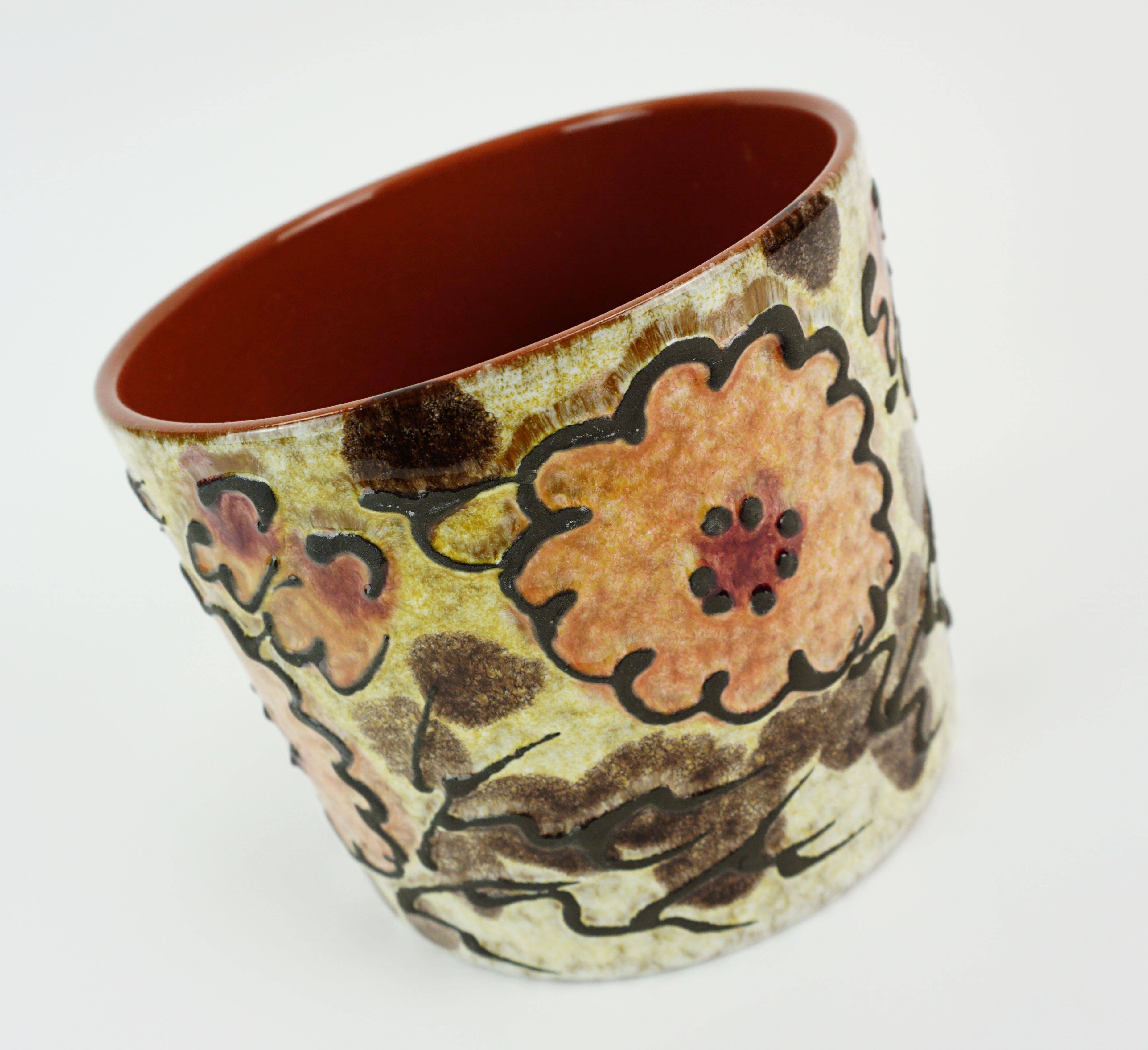 pot de fleurs en céramique vintage des années 1960-70, pot de plante, décor floral en fat lava