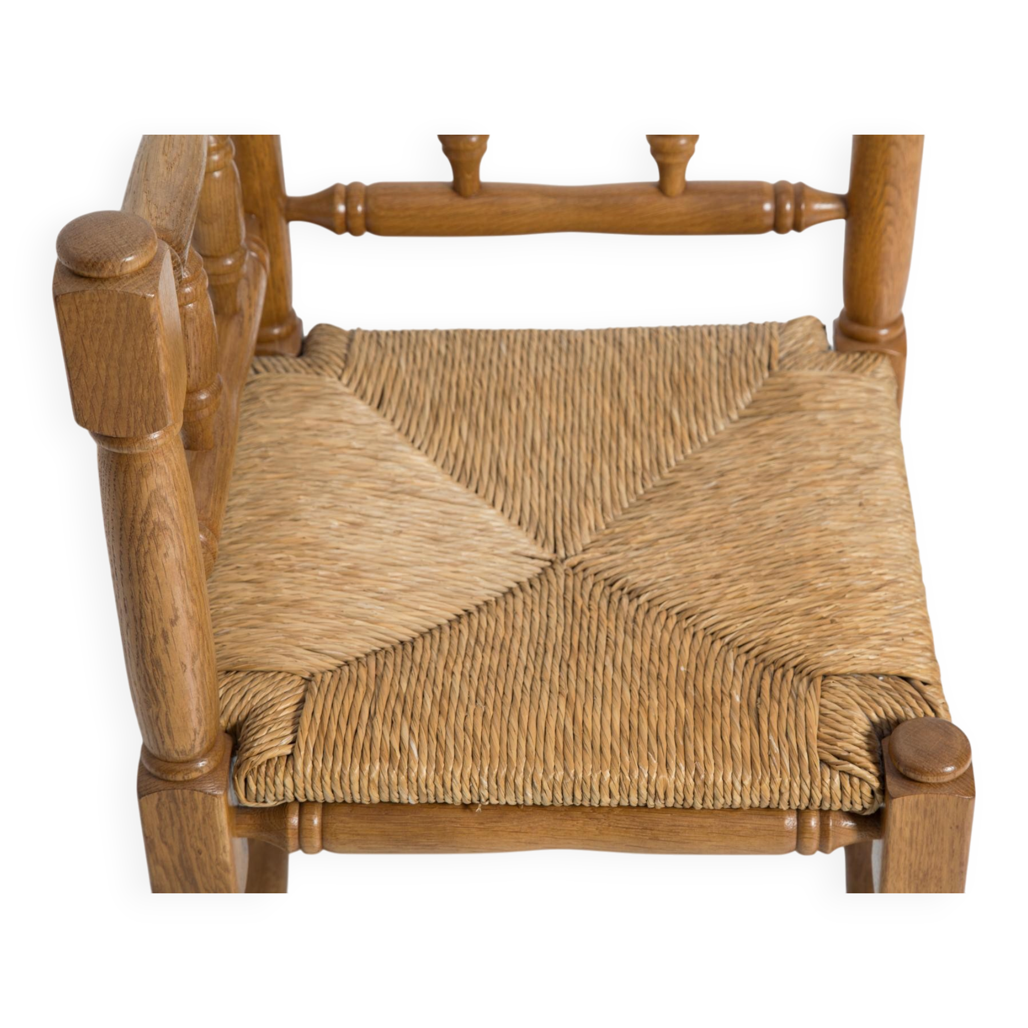Provincial French corner chair, handmade in wood and straw, 1940s.