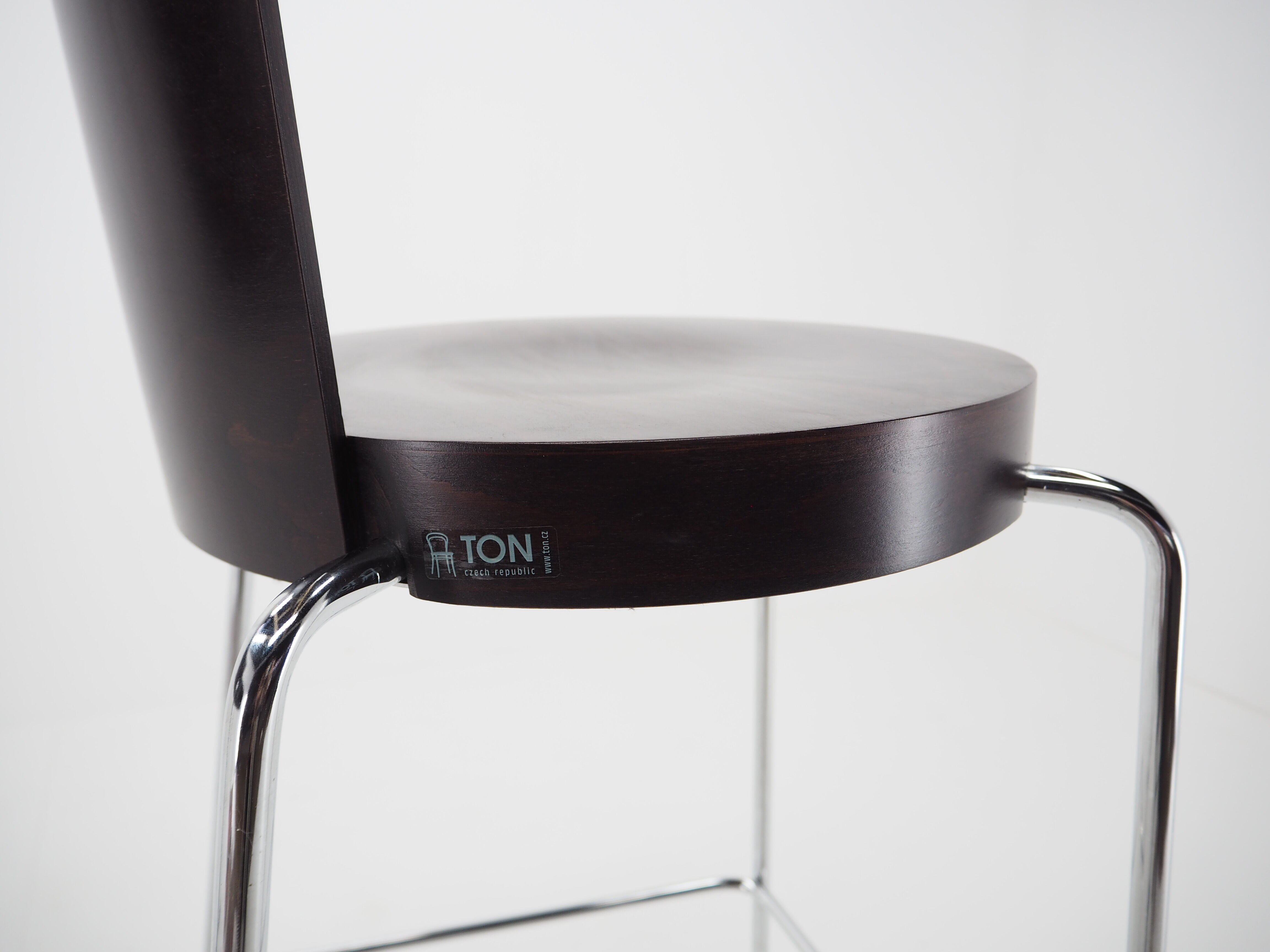 Midcentury chrome and wood bar stools by Ton, Czechoslovakia, 1980s
