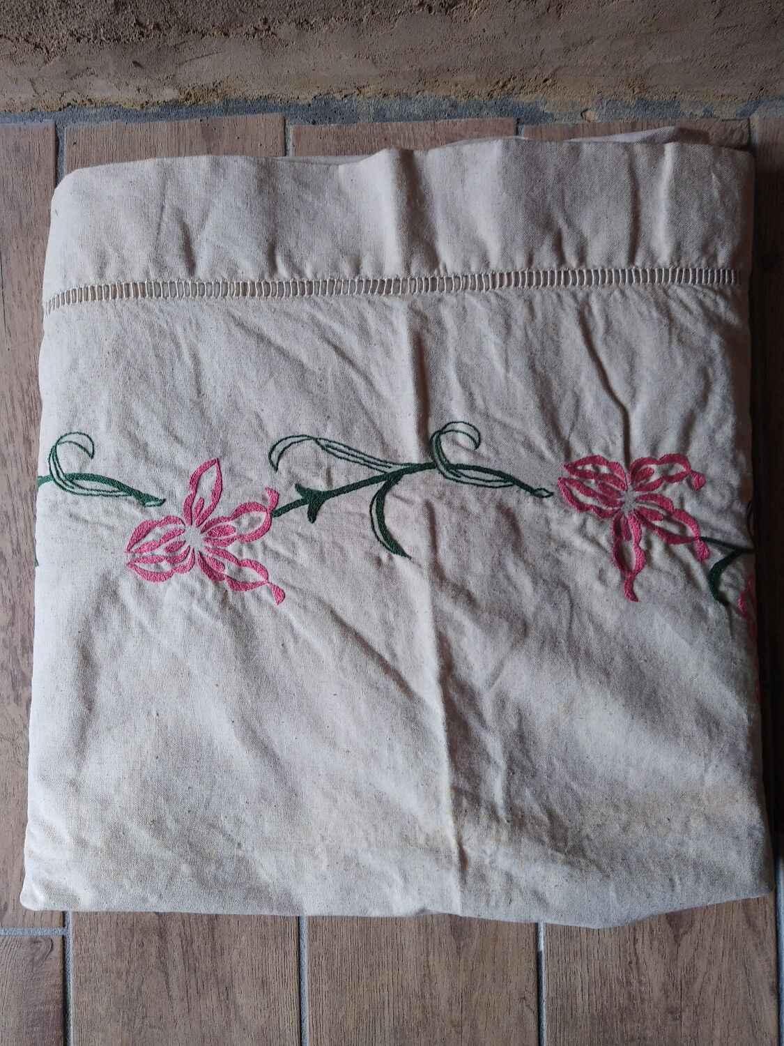 Old linen sheet embroidered decor flowers pink 210x300 cm