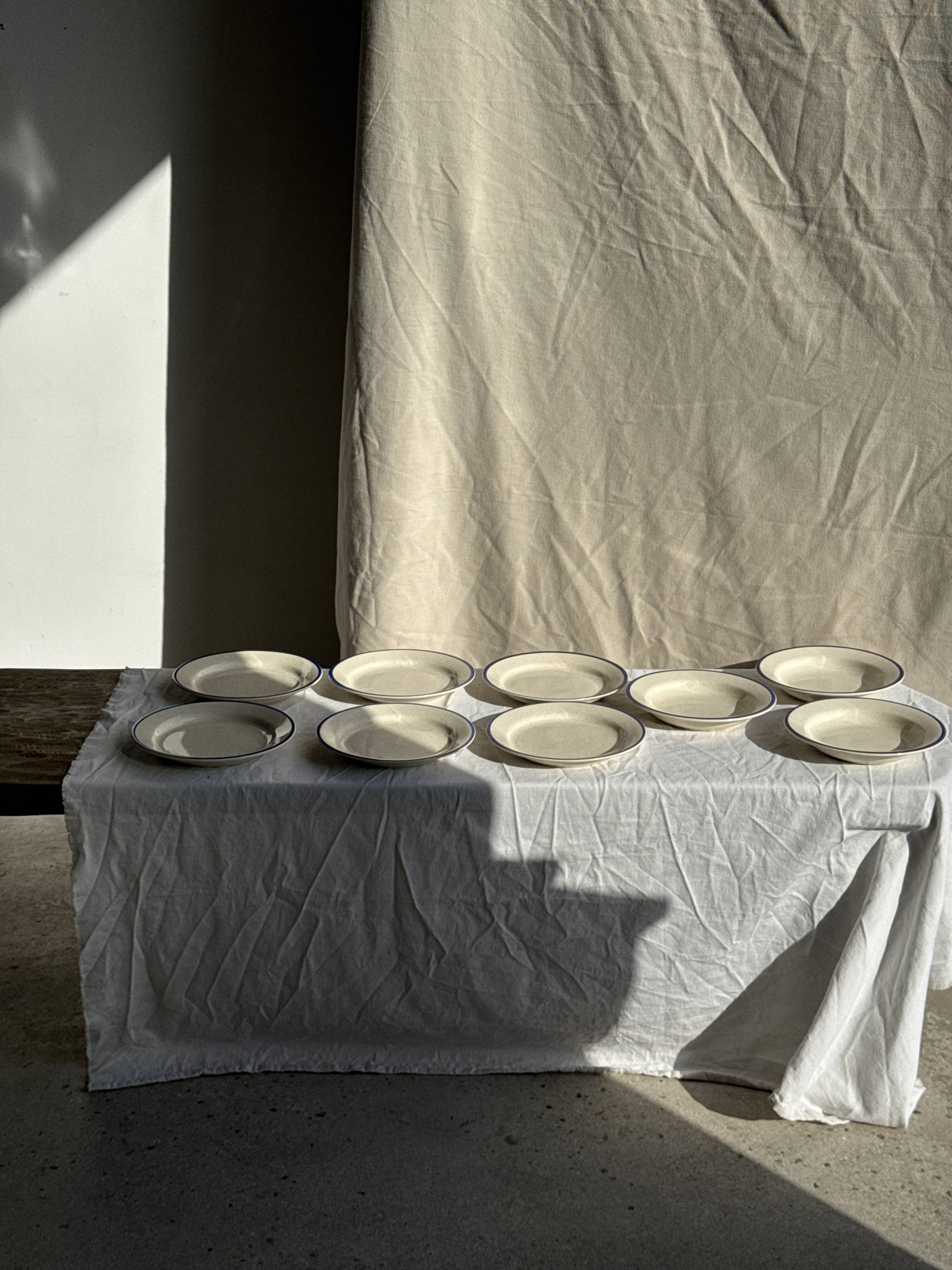 Set consisting of 6 beige flat plates with a blue rim + 3 deep plates.