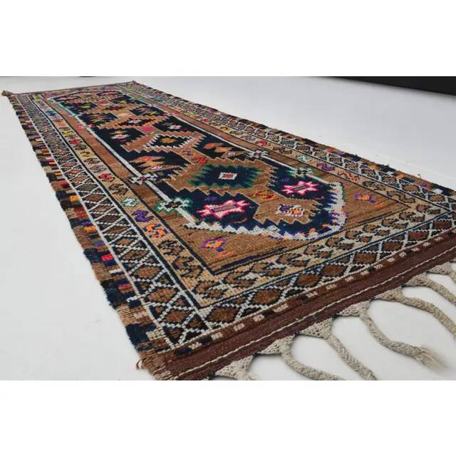 1970s Vintage Turkish Oushak Handmade Wool Cotton Brown Runner Rug 96x301