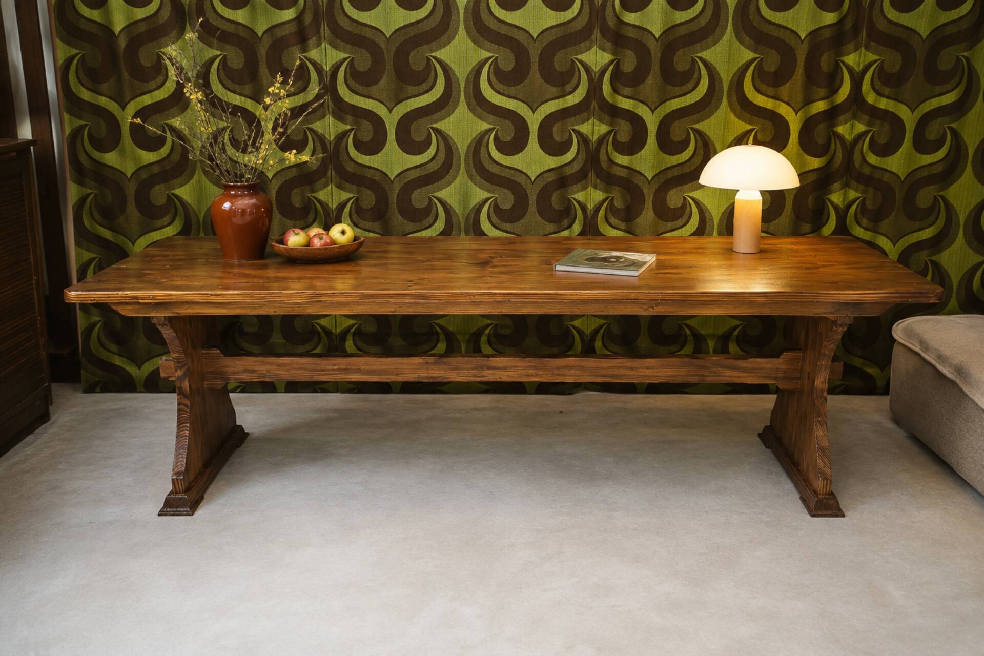 Large vintage table in solid pine, rustic brutalist, 70"