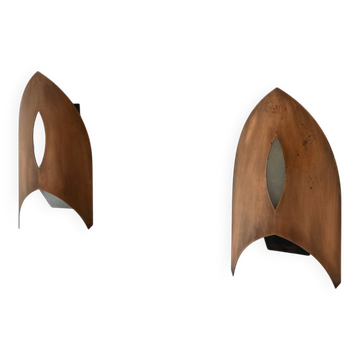Pair of vintage wall lights in copper and frosted glass, France, 1970.