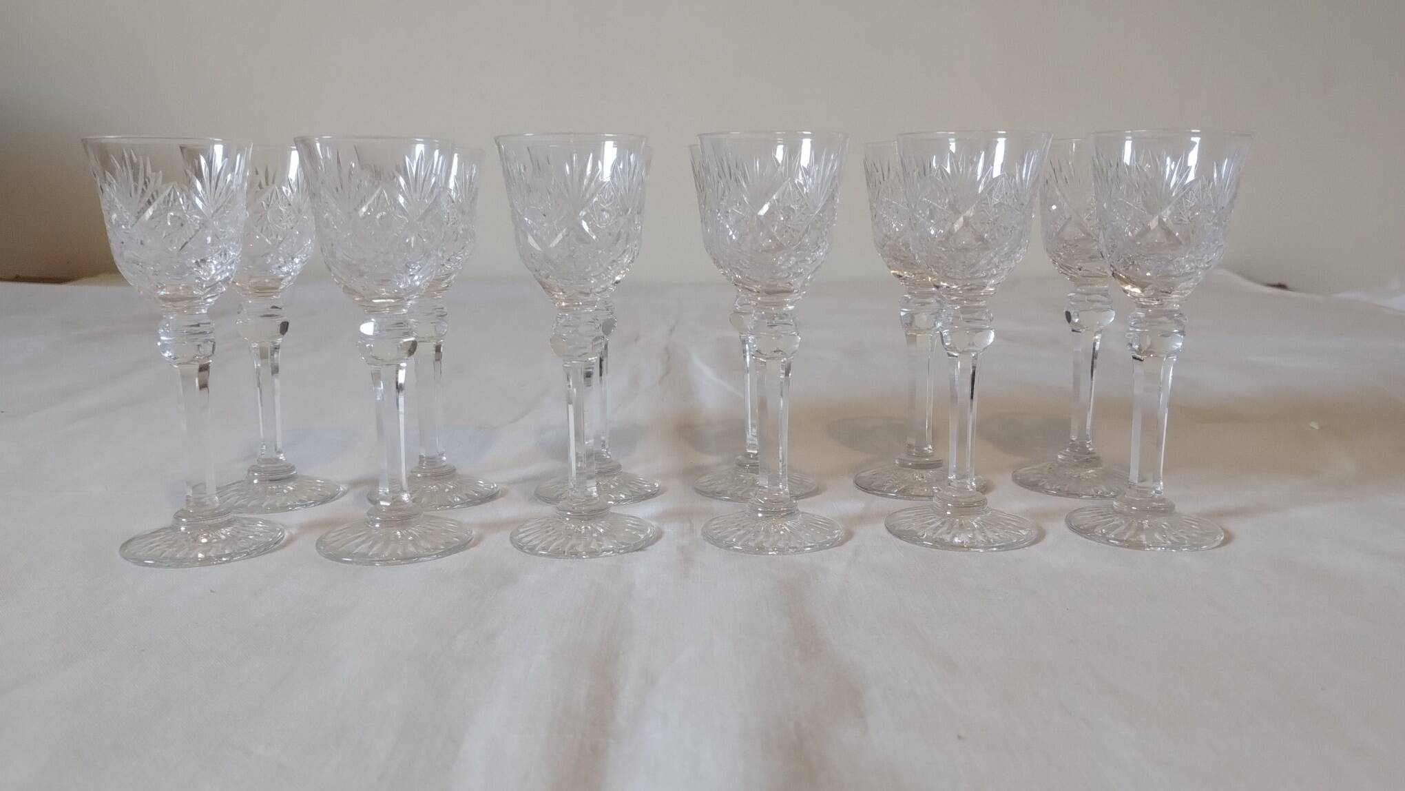 Set of 12 stemmed cut crystal liqueur glasses