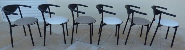 6 Chaises de style gondole structure métallique cossu et simili cuir