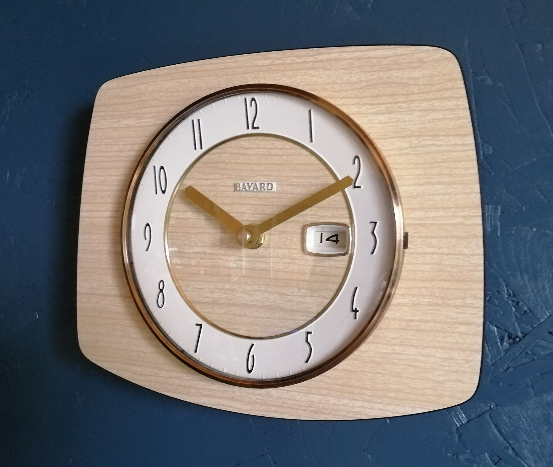 Vintage clock formica silent rectangular wall clock "bayard beige wood"