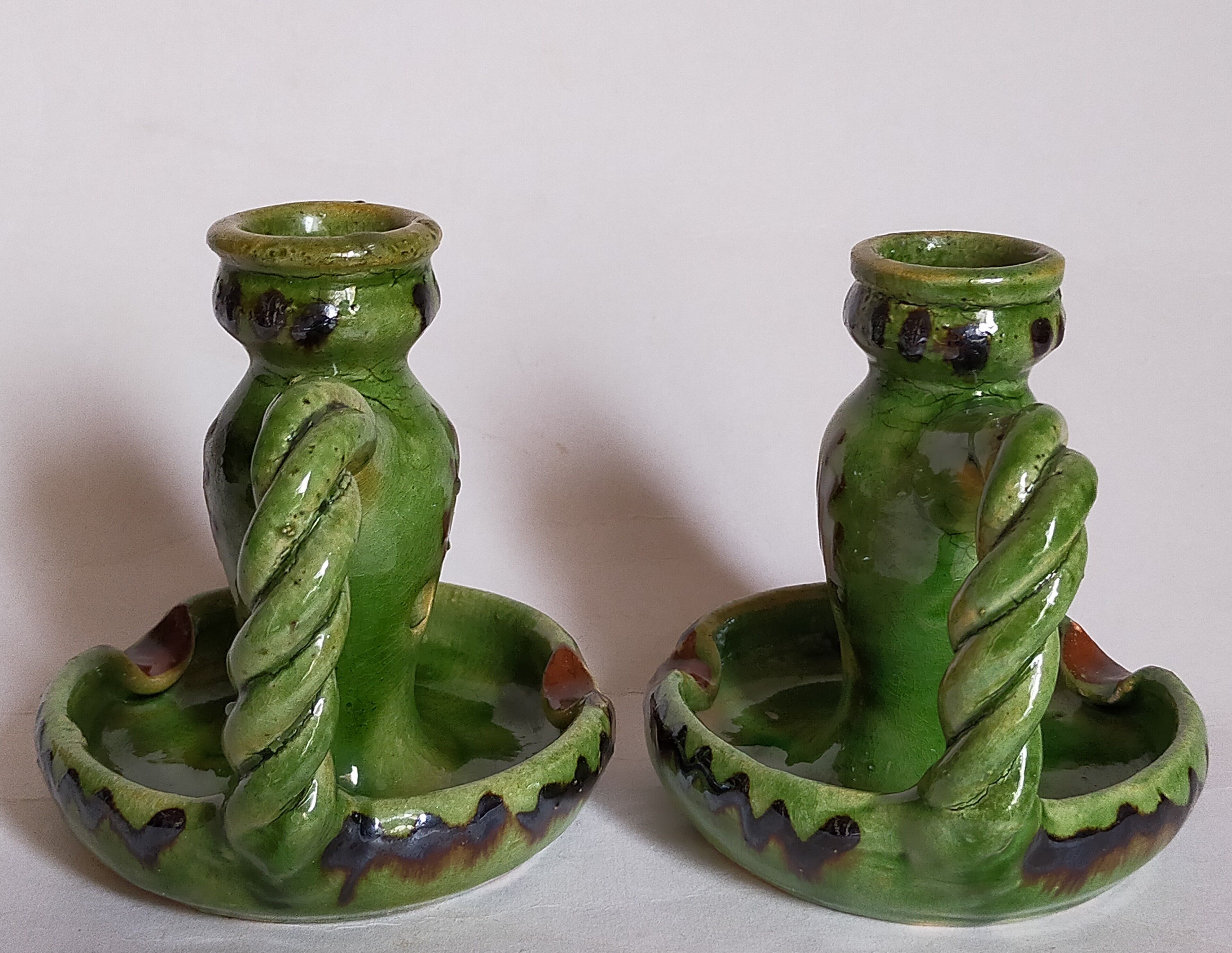 Duo of vintage potter's ceramic candle holders Regional Folk Art