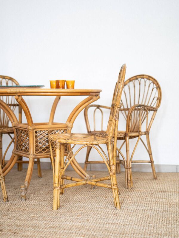 Ensemble table et chaises en rotin années 70