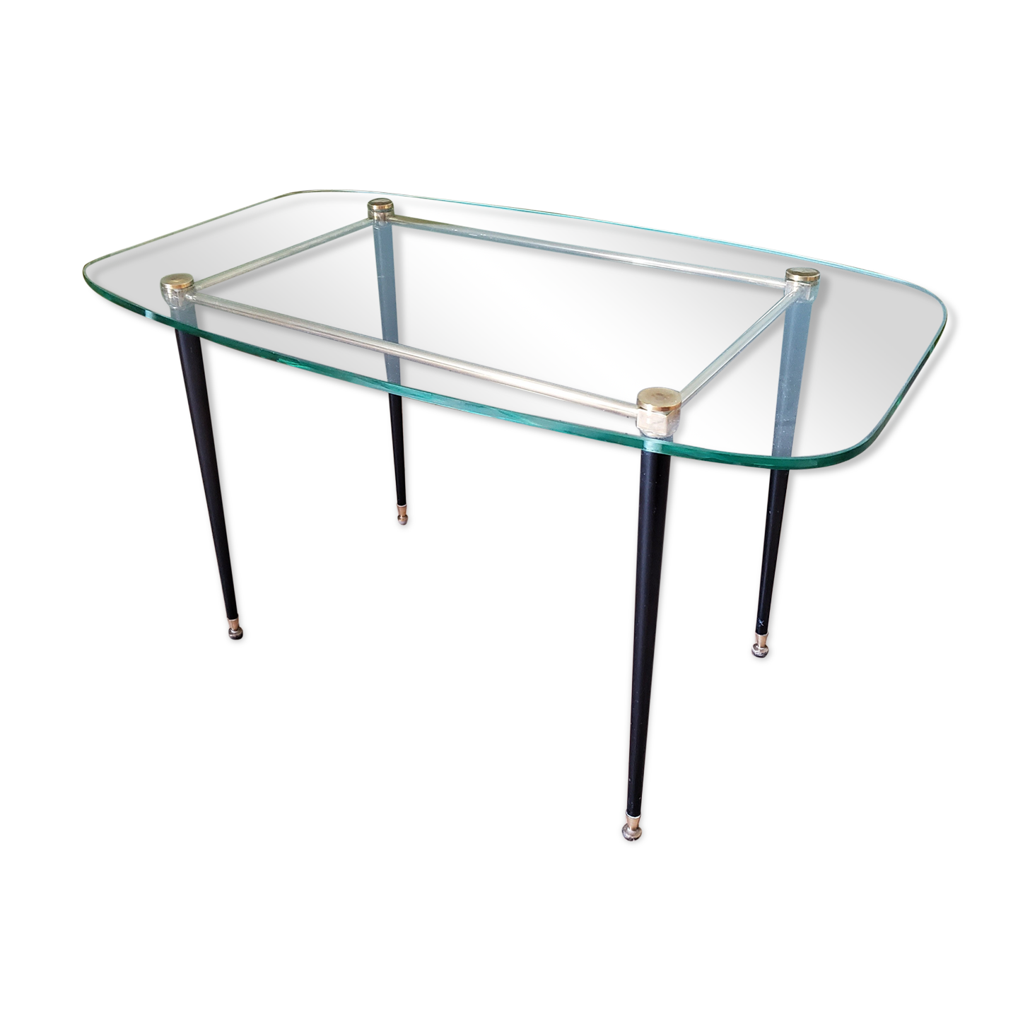 60's glass, metal and brass coffee table