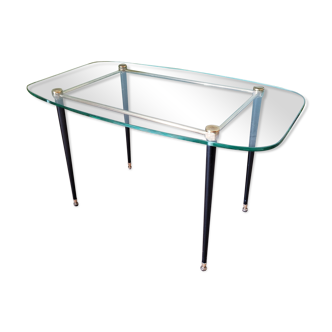 60's glass, metal and brass coffee table