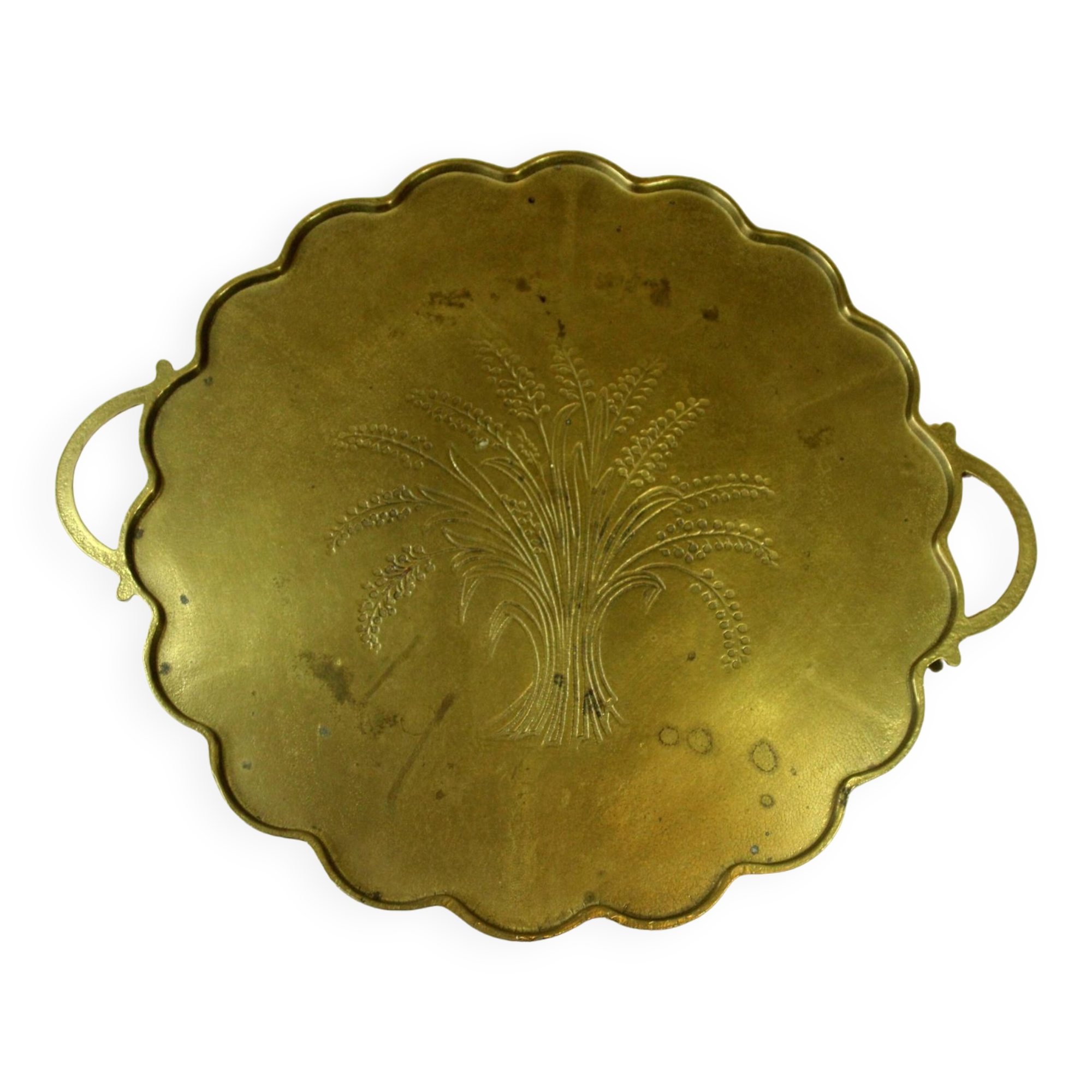 1950s handmade heavy brass serving tray, with handles and small feets, marked, vintage