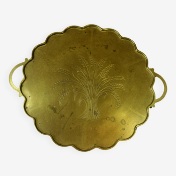 1950s handmade heavy brass serving tray, with handles and small feets, marked, vintage