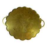 1950s handmade heavy brass serving tray, with handles and small feets, marked, vintage