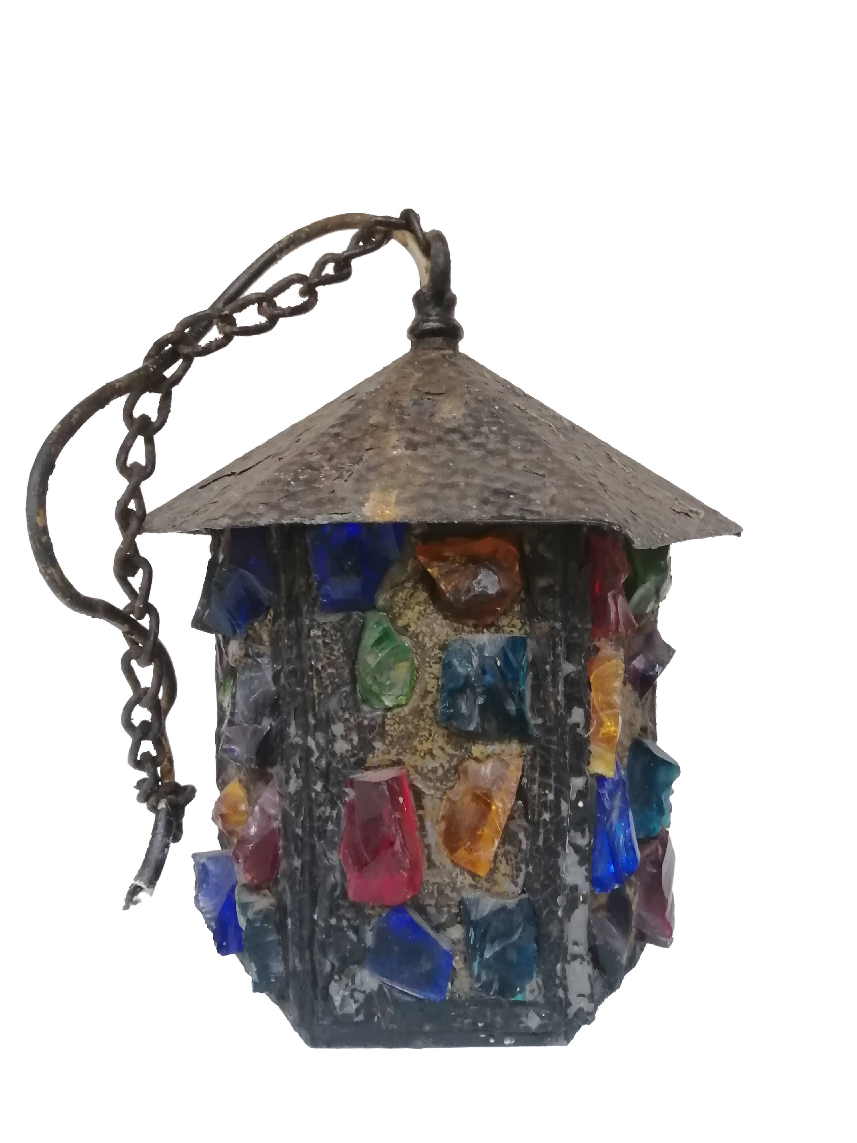 Peter Marsh porch lantern, colored glass, lead and Hammered Sheet metal, 1950s Arts & Crafts