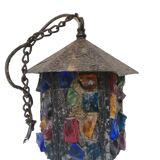 Peter Marsh porch lantern, colored glass, lead and Hammered Sheet metal, 1950s Arts & Crafts