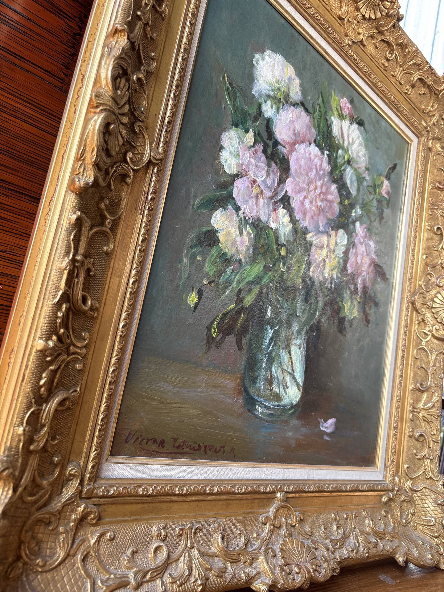 Large painting by Victor Zolnierowicz, peonies, oil on canvas, frame year