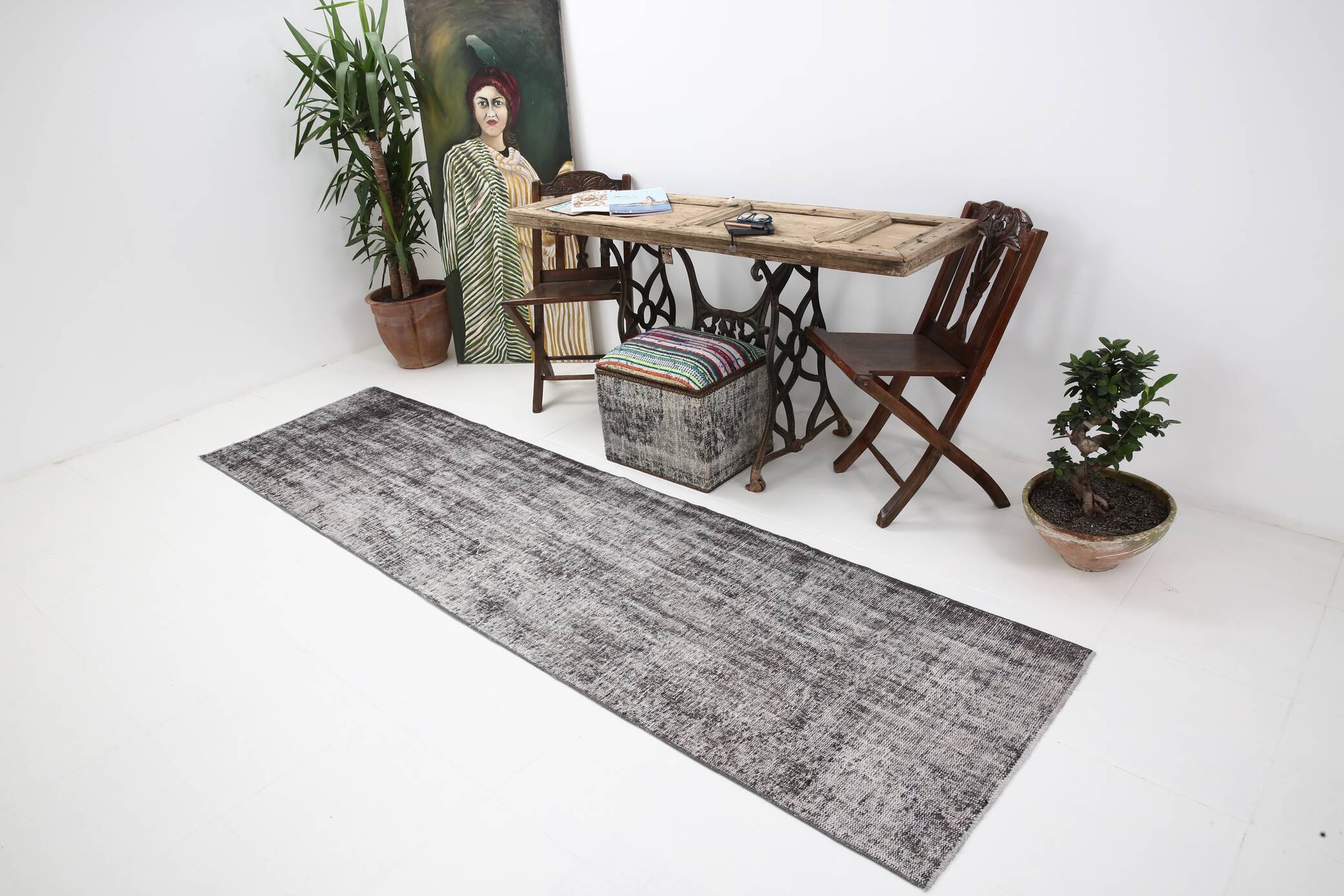 3x10 Rug For Hallway Gray Blue Turkish Vintage Runner Rug, 81x306Cm