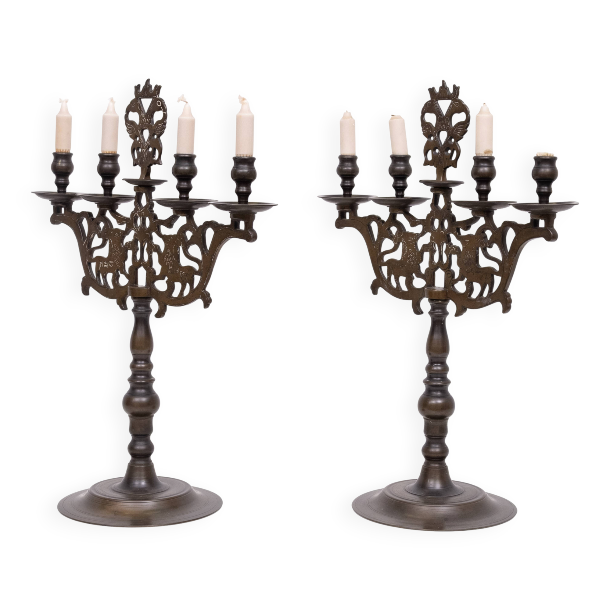Pair Large Antique Bronze Shabbat Candelabra Germany