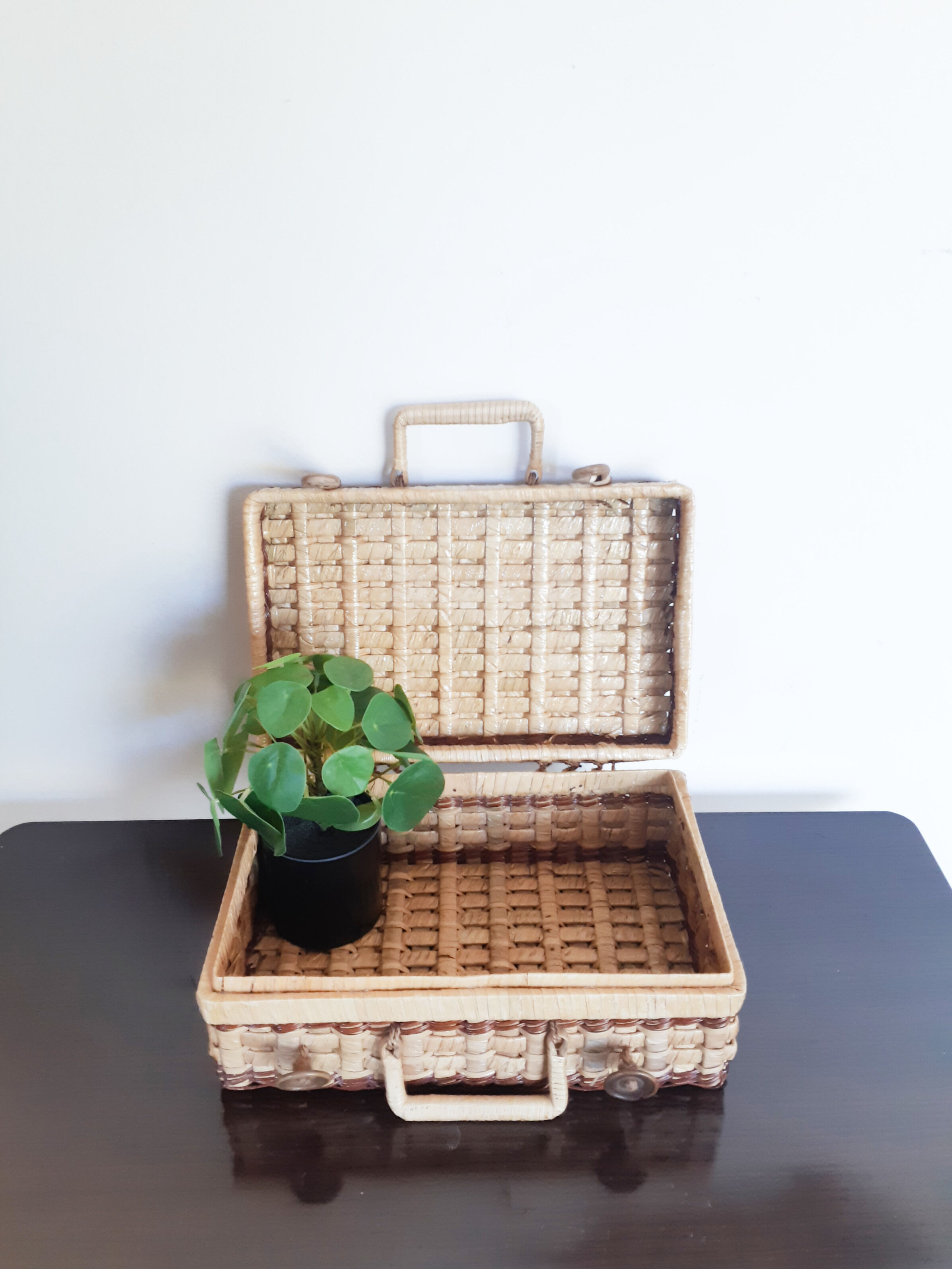 Rattan suitcase, wicker, vintage French, vanity