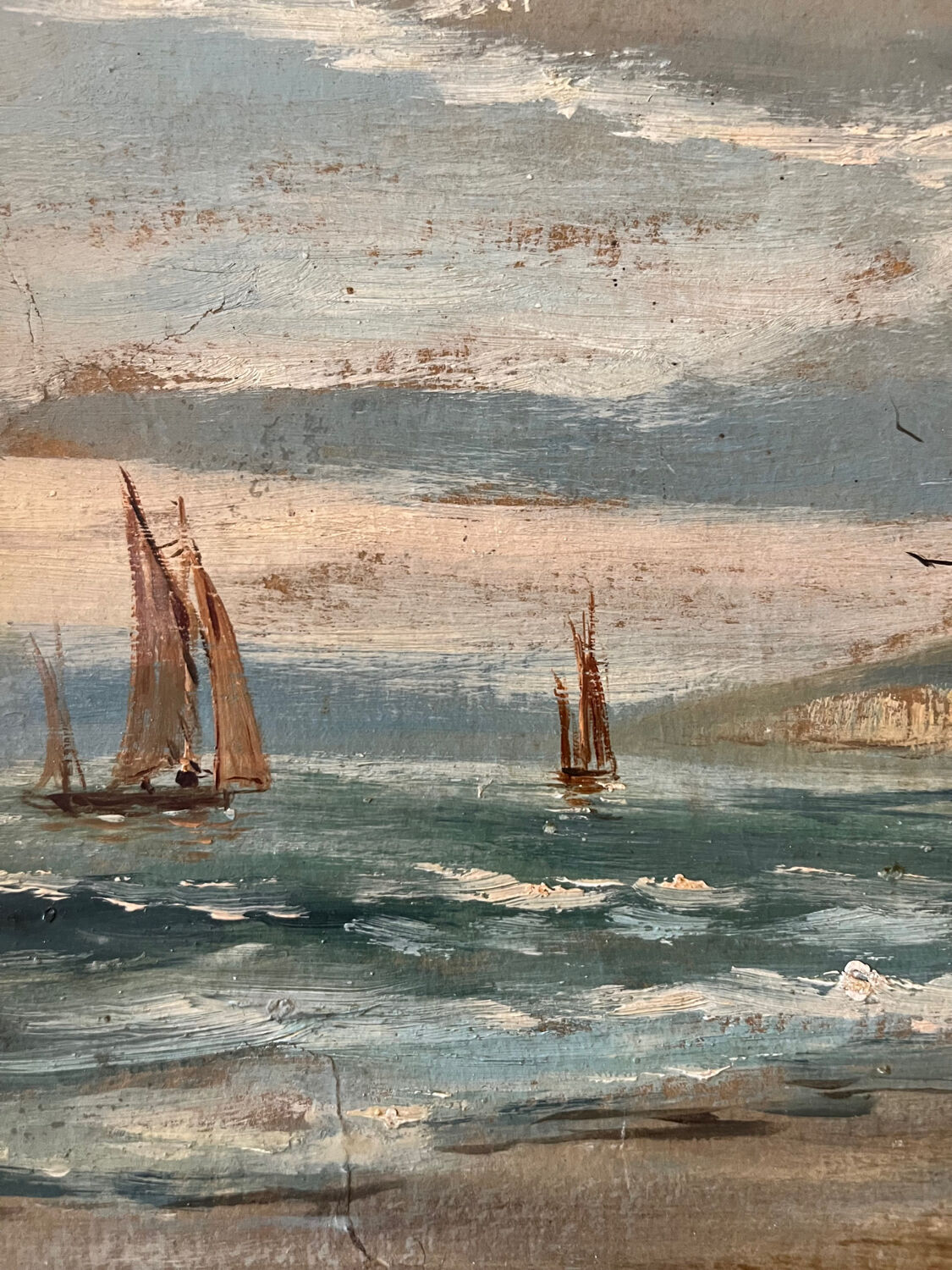 La baie, huile sur carton, cadre stuc doré