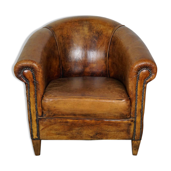 Fauteuil club vintage en cuir couleur cognac Pays-Bas