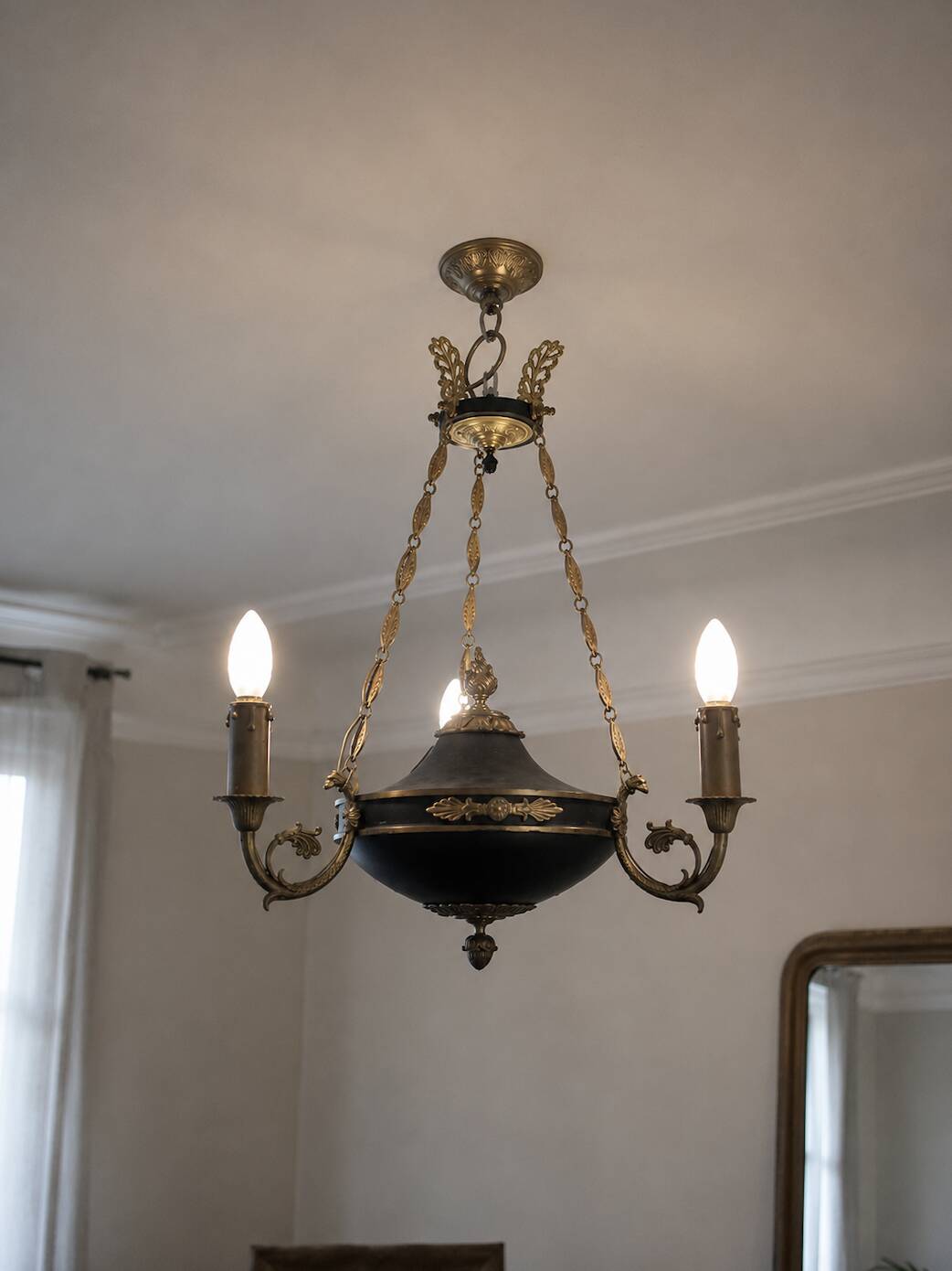 Antique bronze chandelier, Empire style, late 19th century.