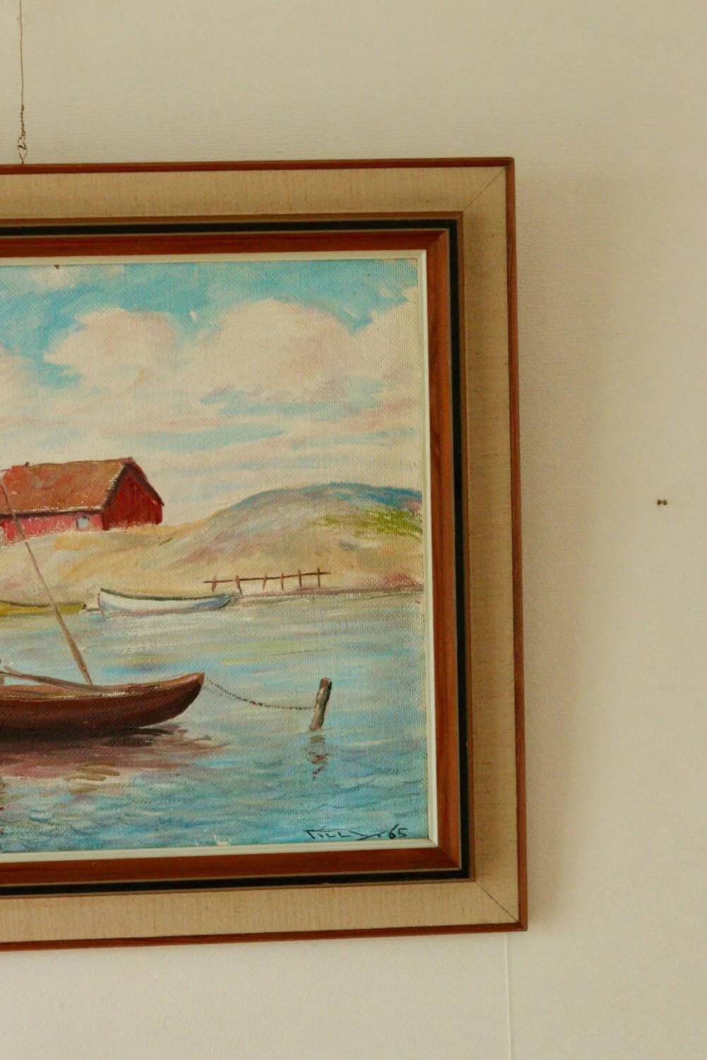 Peinture sur panneau vintage – « Motif bateau et maison »