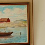 Peinture sur panneau vintage – « Motif bateau et maison »