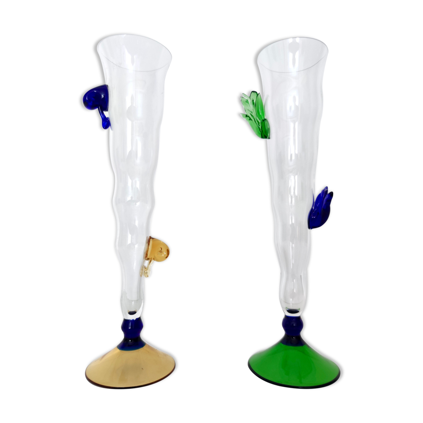 Pair of Postmodern Transparent Wine Glasses with Colored Details, Italy 1980s