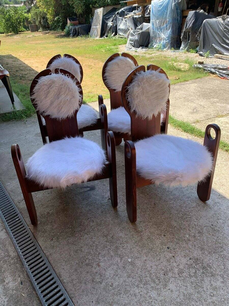 Set of 4 vintage dining chairs in brown pine and white fur by Szedleczky (1970s)