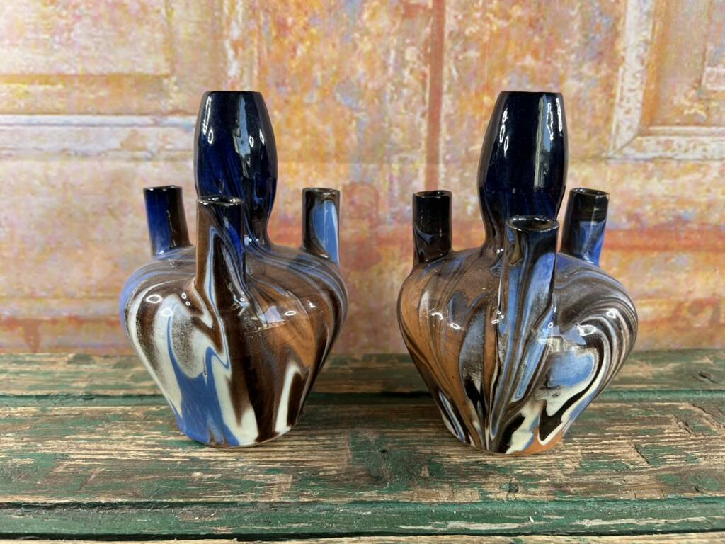 Pair of marbled blue soliflore vases