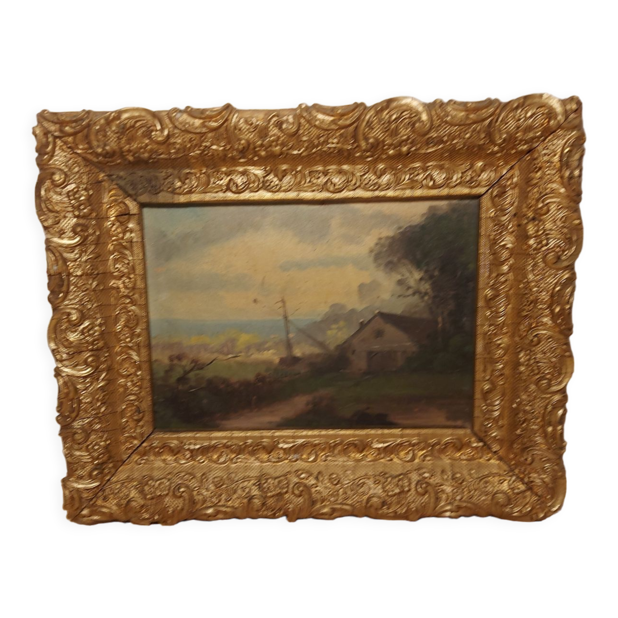 Oil on framed panel depicting a country house