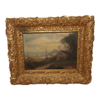 Oil on framed panel depicting a country house