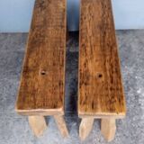 Pair of 2 patinated solid wood benches / stools