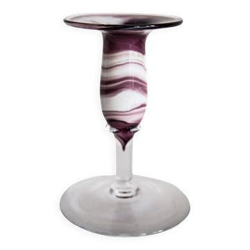 Artistic candlestick in white and purple glass, mid-20th century.