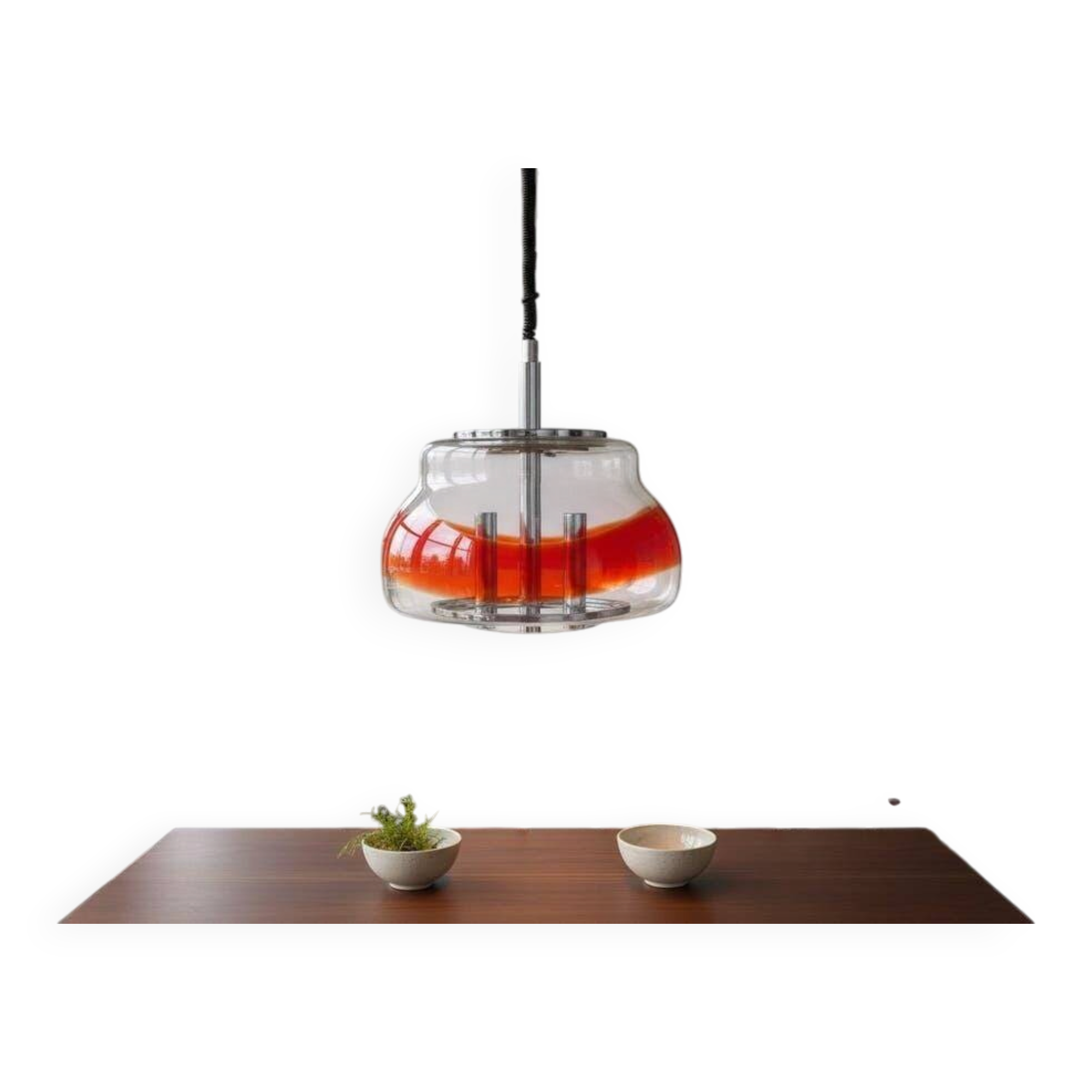 Vintage Murano glass pendant light with orange accent.