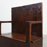 Rustic solid oak carved bench with storage compartment, France 19th century