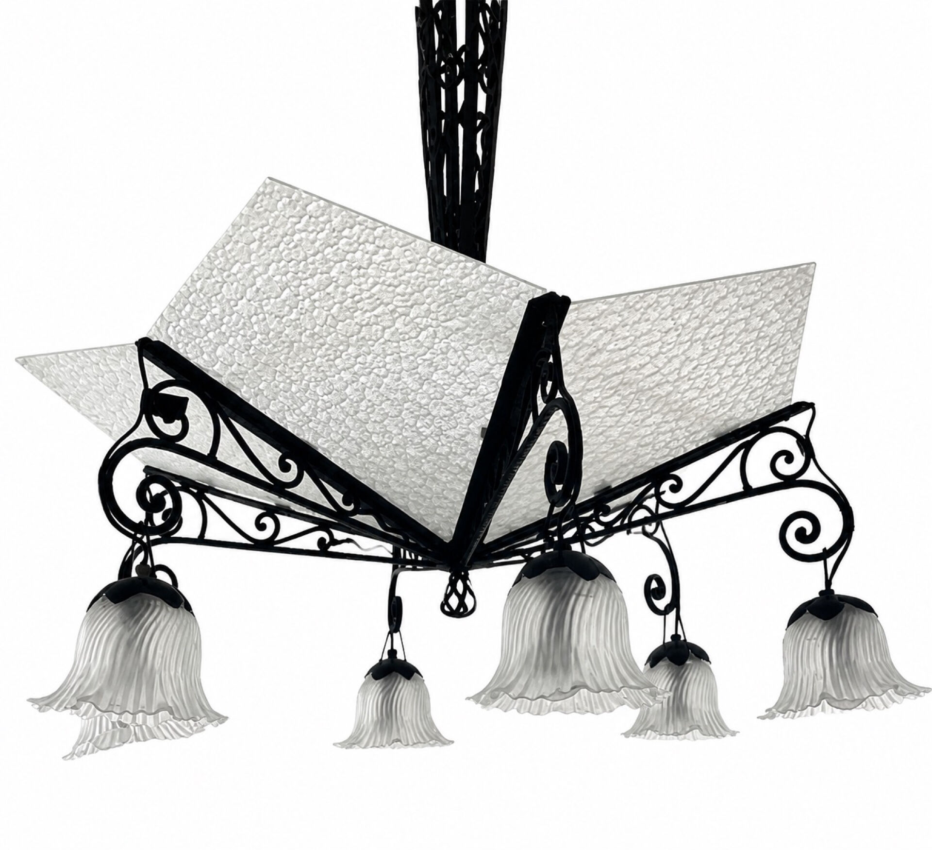 Lustre Art Déco fer forgé — vasque verre martelé & 6 tulipes givré