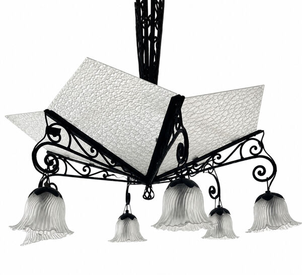 Lustre Art Déco fer forgé — vasque verre martelé & 6 tulipes givré