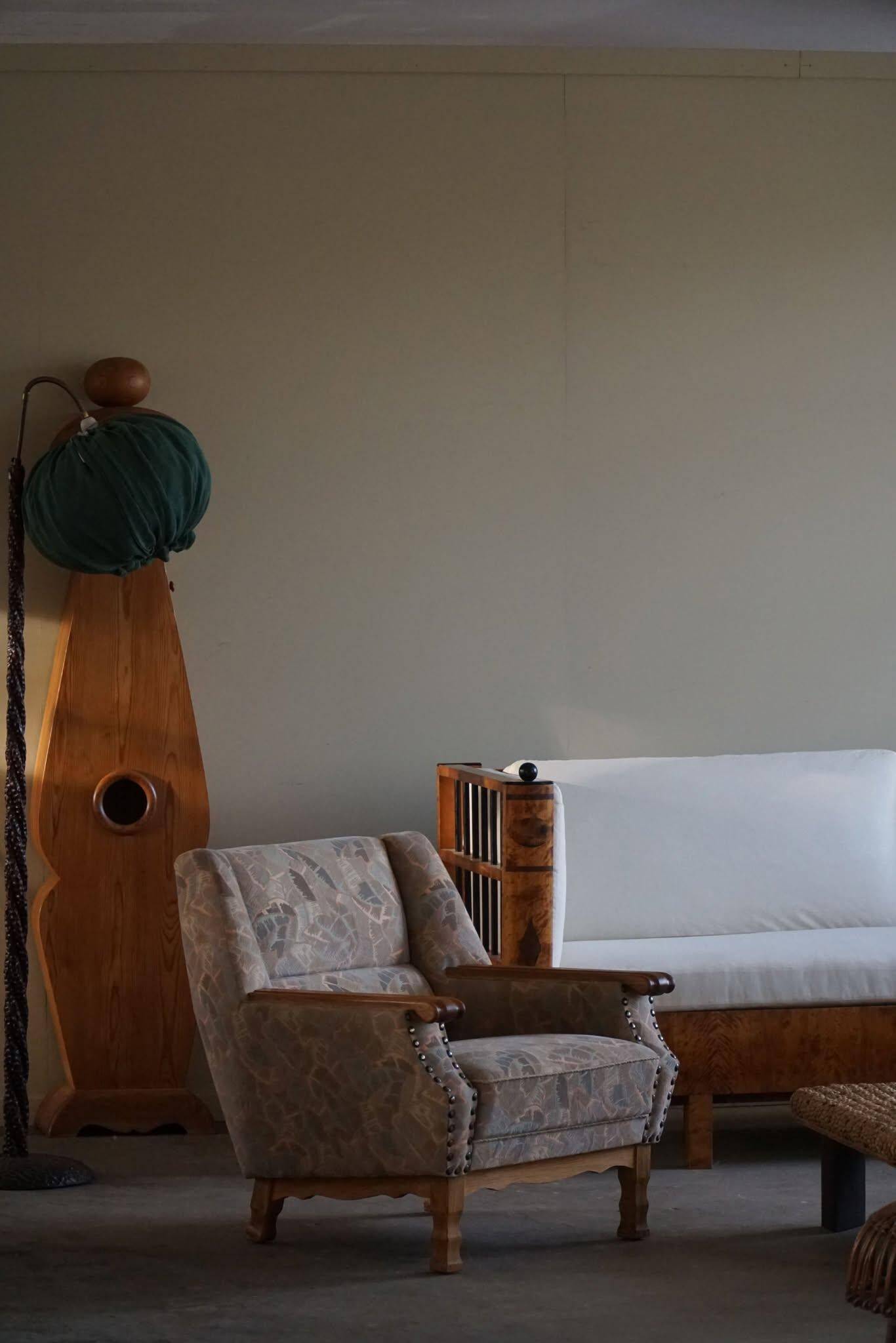 Mid-century modern Danish, pair of oak armchairs with original fabric, 1960s.