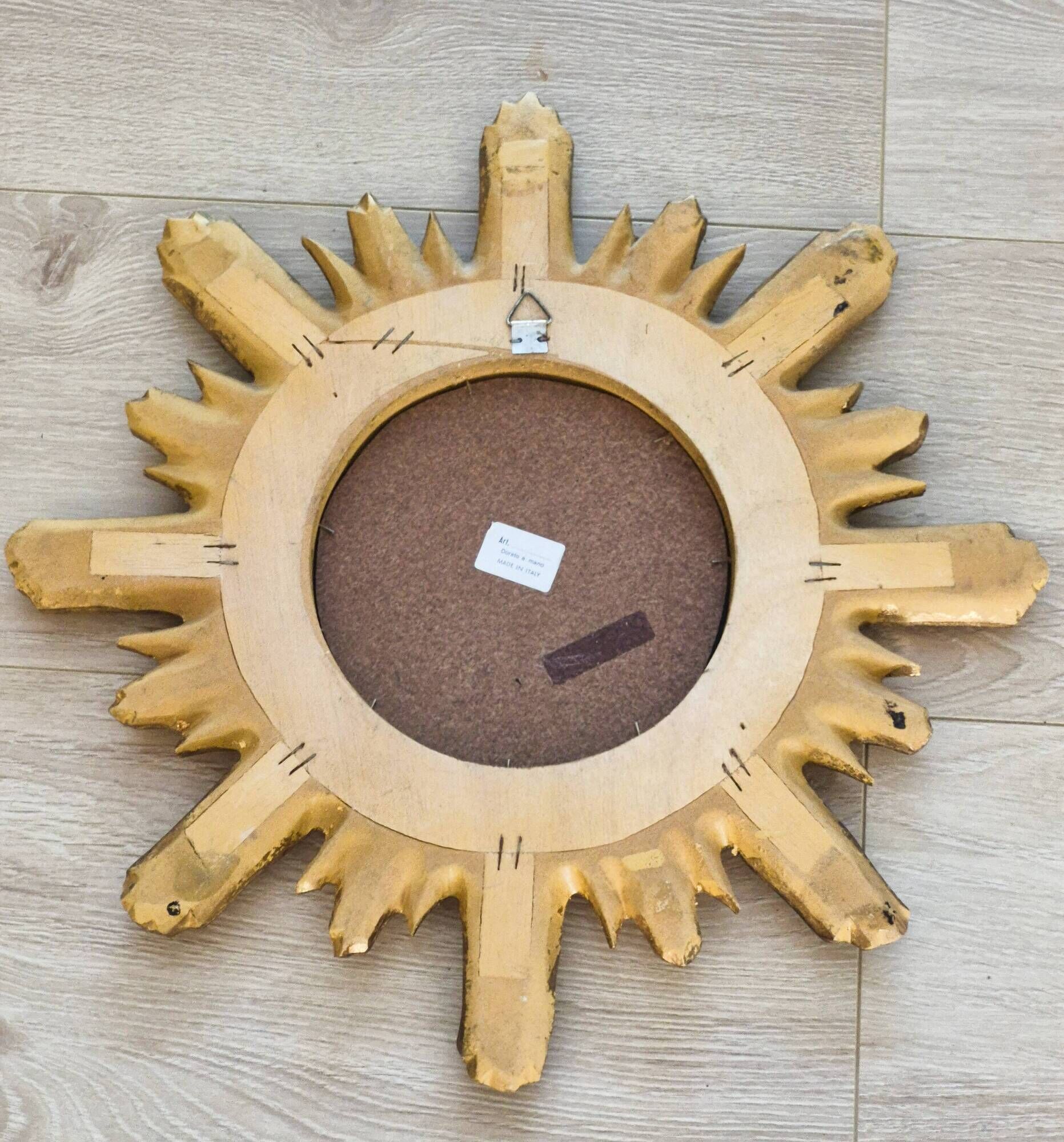 Golden sun mirror in wood, vintage, 1950s, made in Italy.